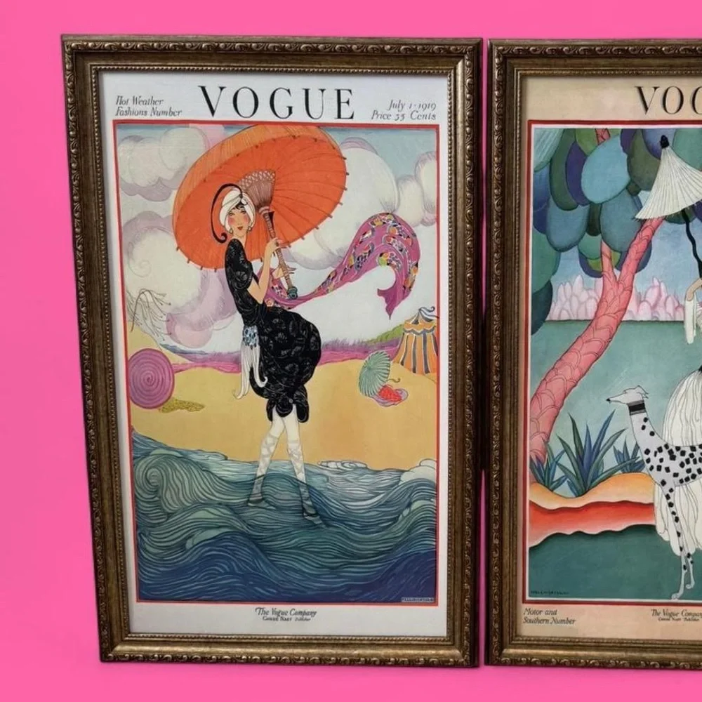 2 vintage vogue fashion magazines covers gold frame hanging wall decor art! - Picture 2 of 3